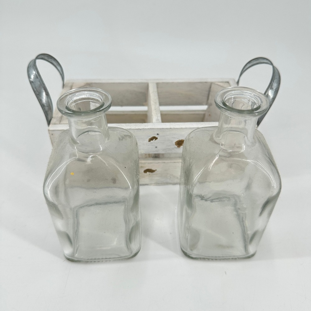 Farmhouse Distressed White Wooden Crate with 2 Glass Bud Vases Metal Handles - Picture 5 of 10